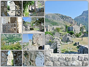 Photo collage travel Montenegro. Ruins of the fortress of Stary Bar, Kotor. Can be used for the design of covers, brochures,flyers