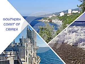 Photo Collage travel South coast of Crimea. Can be used for the design of covers, brochures, flyers and text space. Travel concept