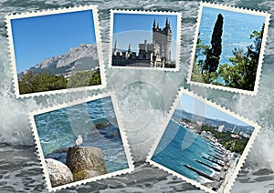 Photo Collage travel South coast of Crimea. Can be used for the design of covers, brochures, flyers and text space. Travel concept