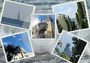 Photo Collage travel South coast of Crimea. Can be used for the design of covers, brochures, flyers and text space. Travel concept