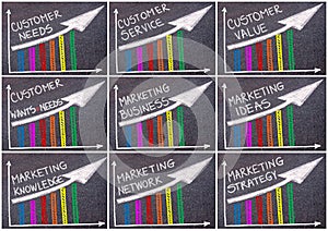 Photo collage of various business messages written over colorful graph and rising arrow