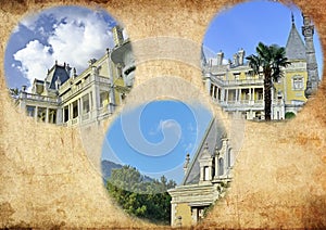 Photo collage Vorontsov Alupka Palace-a monument of romanticism, built in 1828 - 1848 by the famous English architect Blore