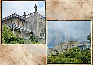 Photo collage Vorontsov Alupka Palace-a monument of romanticism, built in 1828 - 1848 by the famous English architect Blore