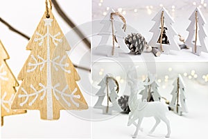 Photo collage, white Christmas decoration, handmade ornaments, wood fir trees, pine cones, reindeer, bokeh lights, scandinavian