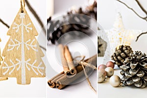 Photo collage, white Christmas decoration, ornaments, wooden fir tree hanging on branch, cinnamon, baubles, pine cones, star
