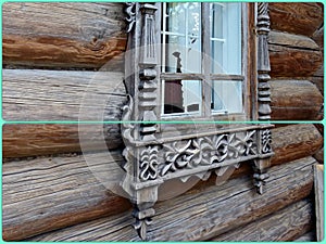 Photo collage the window architraves. The facade of the hut Peasant farmstead of the XIX-th century. A rich family lived here.