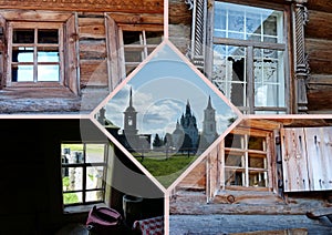 Photo collage-wooden architecture of Russia, village Nizhnyaya Sinyachikha, Ural. Window architraves.