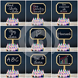 Photo collage of wooden mini blackboard labels on the theme Educate Yourself