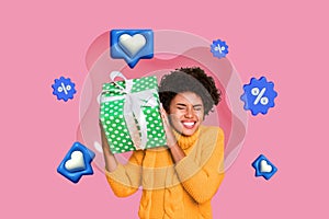 Photo collage young woman curious surprise giftbox notification blogging heart like icon button sale targetologist
