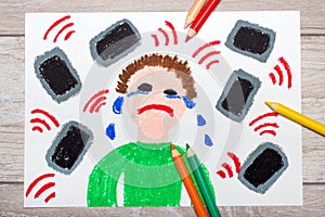 colorful drawing: Crying boy surrounded by phones or tablets.