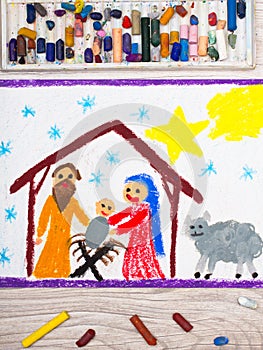 Colorful drawing: Nativity scene. Christmas time