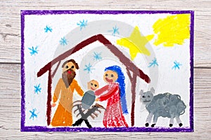 Colorful drawing: Nativity scene. Christmas time