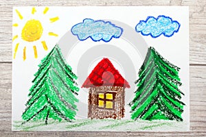 Drawing: small house surrounded by coniferous trees.