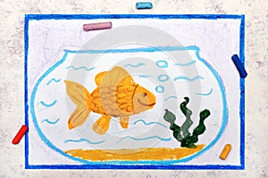 drawing: Smiling goldfish in blue fishbowl. Fish with bubbles in glass