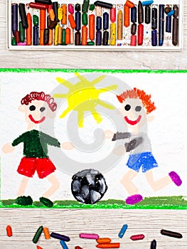 drawing :Two little boys play football. Soccer game