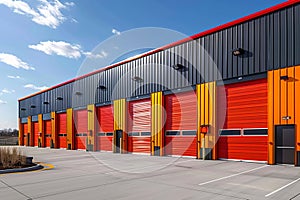 Photo Colorful metal self storage units outside warehouse, industrial rental space