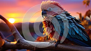 A photo of a colorful parrot, magically merging with the shades of sunset sitting on a branch over