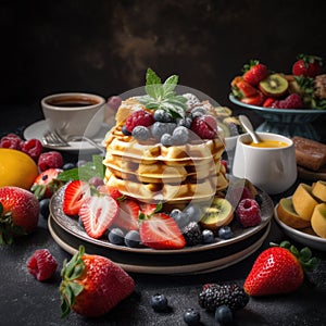 The photo a colorful plate with pancakes and waffles stacked photo
