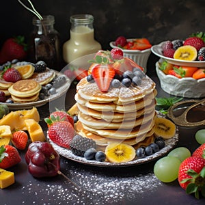 The photo a colorful plate with pancakes and waffles stacked photo