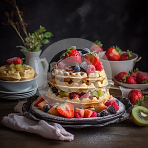 The photo a colorful plate with pancakes and waffles stacked photo