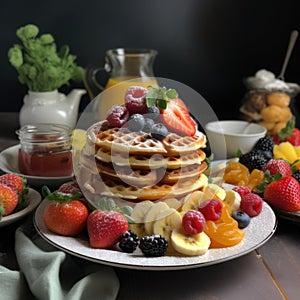 The photo a colorful plate with pancakes and waffles stacked photo
