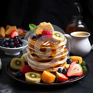 The photo a colorful plate with pancakes and waffles stacked photo