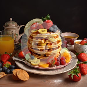 The photo a colorful plate with pancakes and waffles stacked photo