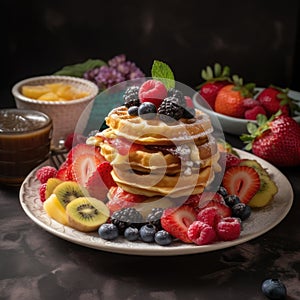 The photo a colorful plate with pancakes and waffles stacked photo