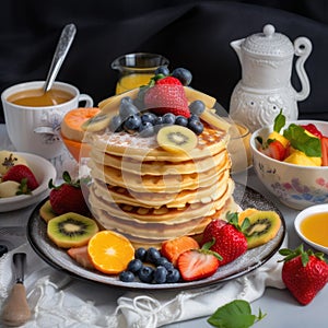 The photo a colorful plate with pancakes and waffles stacked photo