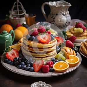 The photo a colorful plate with pancakes and waffles stacked photo