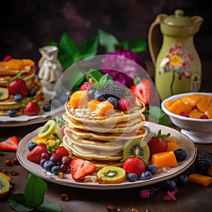 The photo a colorful plate with pancakes and waffles stacked photo