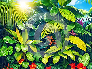 Photo of colorful tropical plants. generative ai