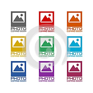 Photo coming soon icon isolated on white background. Set icons colorful