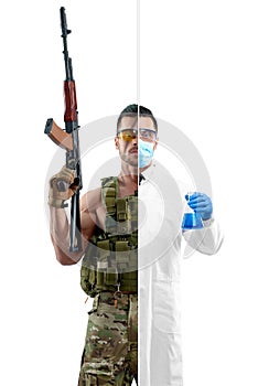 Photo comparison of chemist and modern soldier`s outlook.