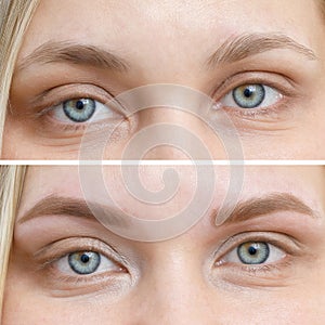 Photo comparison before and after permanent makeup, tattooing of eyebrows