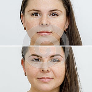 Photo comparison before and after permanent makeup, tattooing of eyebrows