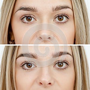 Photo comparison before and after permanent makeup, tattooing of eyebrows