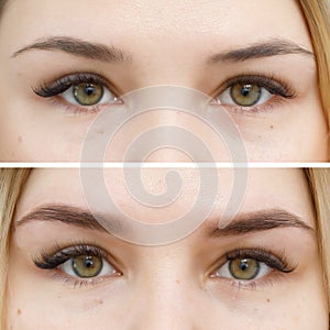 Photo comparison before and after permanent makeup, tattooing of eyebrows