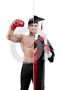 Photo comparison of university`s graduate and boxer`s outlook.