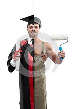 Photo comparison of university`s graduate and painter`s outlook.