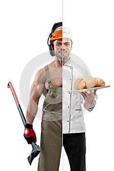 Photo comparison of woodcutter and chef professions.
