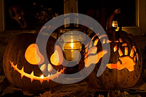 Photo composition from two pumpkins on Halloween