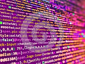 Photo of computer digital background. Programmer working on computer screen. Programmer occupation. Int. Virus in computer code.