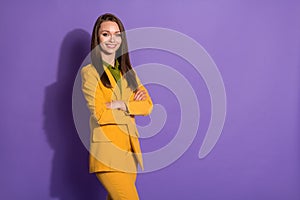 Photo of confident beautiful business lady hands folded smiling successful worker wear yellow luxury office blazer pants