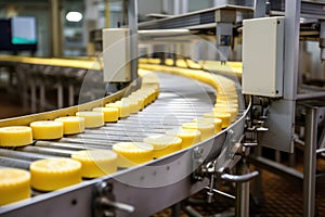 Photo of a conveyor belt filled with lots of yellow cheese. Industrial cheese production plant. Modern technologies. Production of