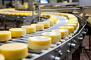 Photo of a conveyor belt filled with stacks of cheese in a factory. Industrial cheese production plant. Modern technologies.