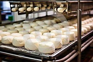 Photo of a conveyor belt filled with uncooked cheese. Industrial cheese production plant. Modern technologies. Production of