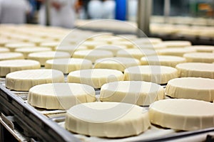 Photo of a conveyor belt filled with a variety of delicious cheeses. Industrial cheese production plant. Modern technologies.
