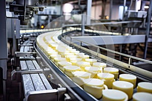 Photo of a conveyor belt filled with various types of cheese. Industrial cheese production plant. Modern technologies. Production