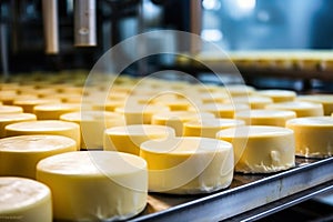 Photo of a conveyor belt filled with various types of cheese. Industrial cheese production plant. Modern technologies. Production